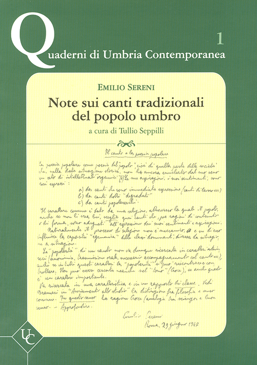 copertina volume Emilio Sereni, Note sui canti tradizionali del popolo umbro, a cura di Tullio Seppilli, II ed. riveduta e corretta, CRACE, Perugia 2008, 120 pp. (“Quaderni di Umbria Contemporanea”)
