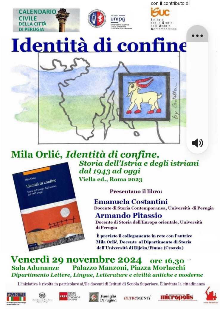 CALENDARIO CIVILE DELLA CITTA' DI PERUGIA presentazione libro di Mila Orlić Identità di confine - Perugia 29 novembre 2024
