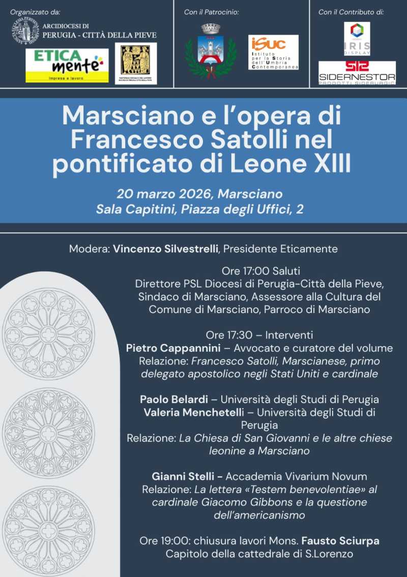 locandina convegno "Marsciano e l'opera di Francesco Satolli nel pontificato Leone XIII", Marsciano, 20 marzo 2026