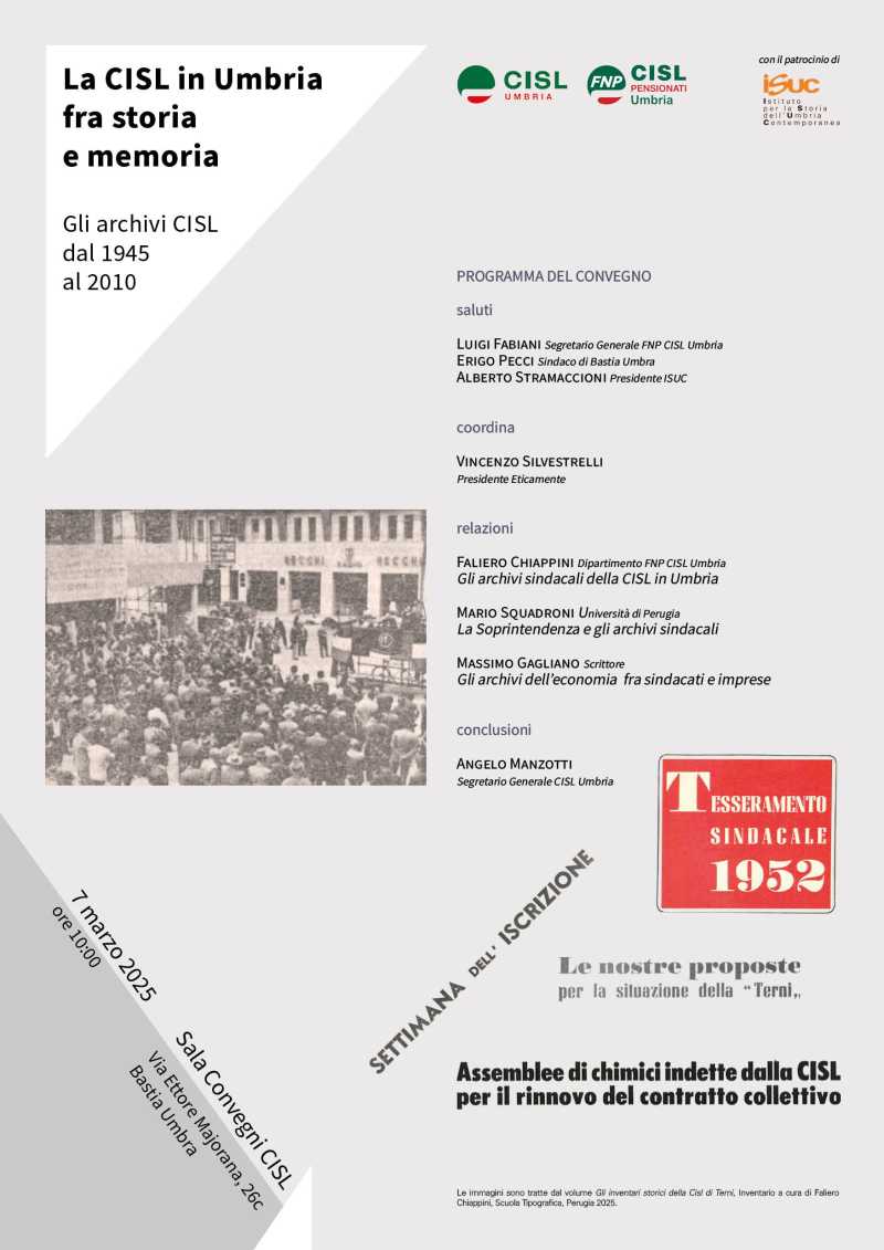 locandina del convegno La CISL in Umbria fra storia  e memoria. Gli archivi CISL dal 1945 al 2010, Bastia Umbra 7 marzo 2025