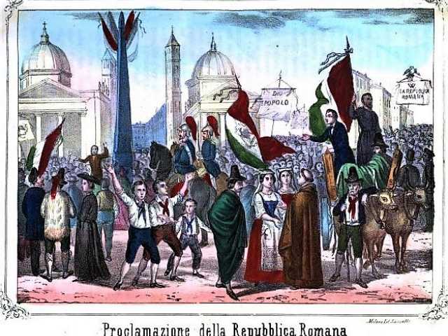 La proclamazione della Repubblica Romana, 1849, in una litografia di Luigi Rossetti (Antonio Balbiani, Storia Illustrata della vita di Garibaldi, Ed. Inversini-Pagani, Milano 1860, p. 272).