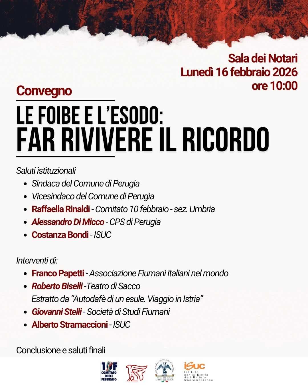 locandina del convegno "Le foibe e l'esodo. Far rivivere il ricordo", Perugia, 16 febbraio 2026