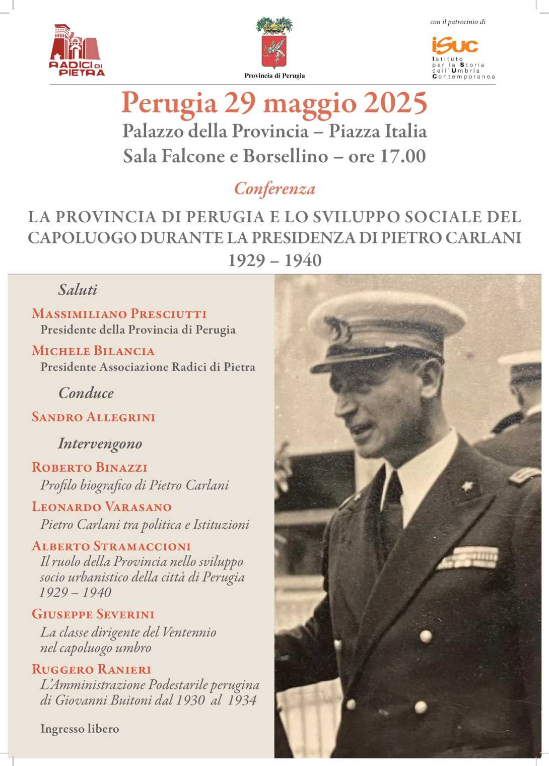 invito alla Conferenza “La Provincia di Perugia e lo sviluppo sociale del capoluogo durante la presidenza di Pietro Carlani” (Perugia, 29 maggio 2025)