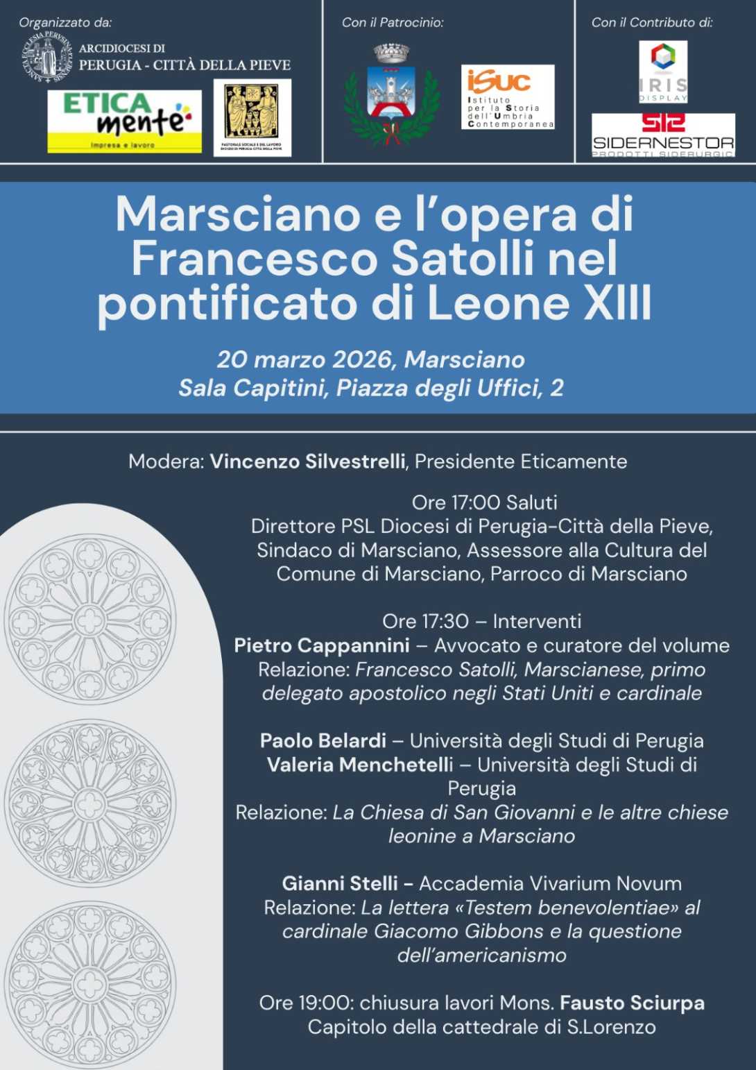 locandina convegno "Marsciano e l'opera di Francesco Satolli nel pontificato Leone XIII", Marsciano, 20 marzo 2026