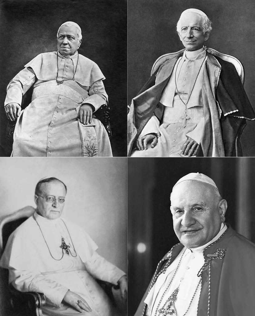 Papa Pio IX fotografato da Adolphe Braun, 1875; papa Leone XIII, 1878; papa Pio XI fotografato da Nicola Perscheid, 1922; papa Giovanni XXIII, 1958