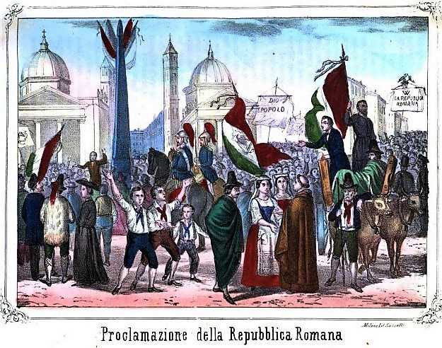 La proclamazione della Repubblica Romana, 1849, in una litografia di Luigi Rossetti (Antonio Balbiani, Storia Illustrata della vita di Garibaldi, Ed. Inversini-Pagani, Milano 1860, p. 272).