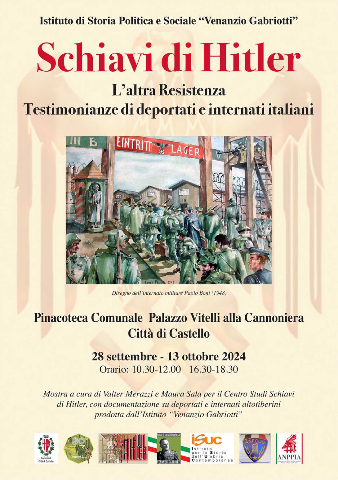 locandina mostra Gli schiavi di Hitler organizzata dall'Istituto Gabriotti a Citta di Castello dal 28 settembre al 13 ottobre 2024