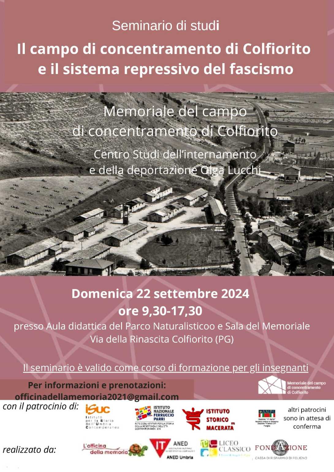 locandina Seminario per operatori culturali, insegnanti, studenti universitari e storici sui temi del confino politico e dell'internamento fascista a Colfiorito e promozione del Memoriale del campo di concentramento di Colfiorito
